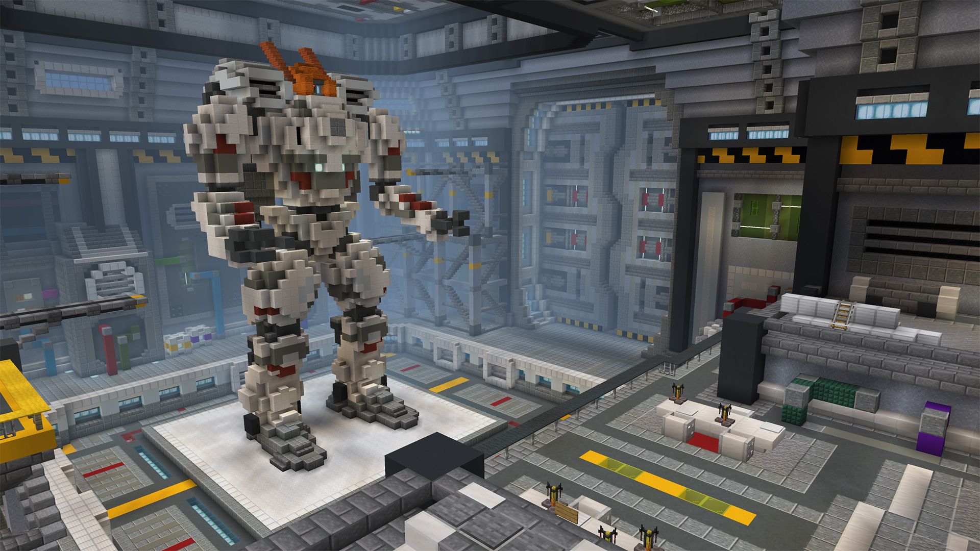 A large robot built out of various blocks in Minecraft.