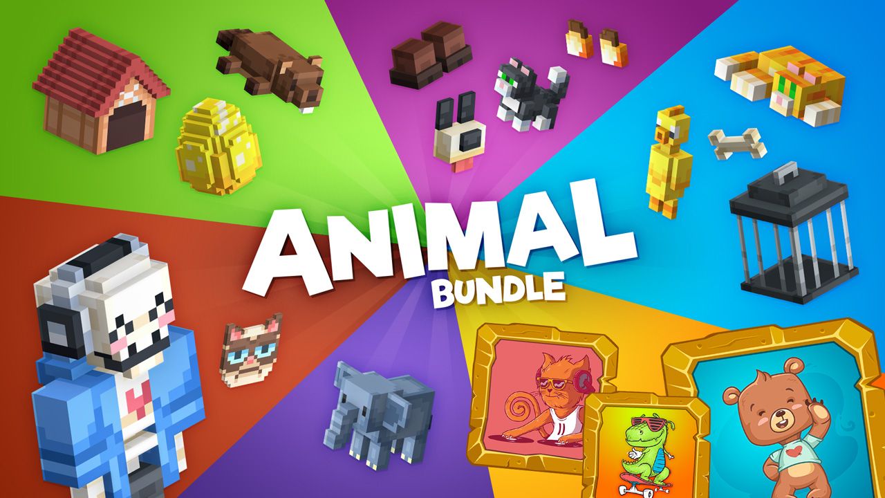 Animal bundle key art, showing off some of the unlocks and avatars. Bright colors segment the image, each section grouping unlocks for once particular product.