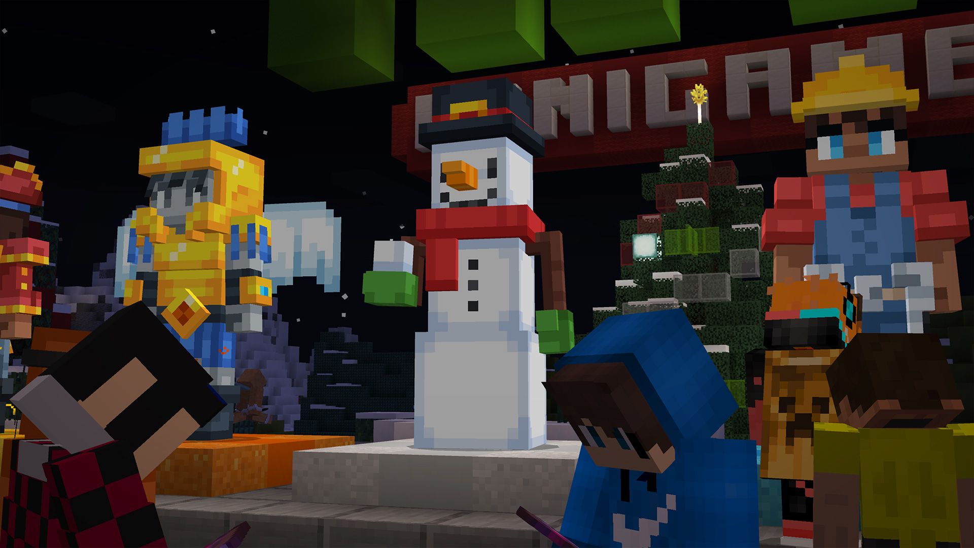 A row of NPCs is seen, with the focus on a new snowman NPC, holding a snowball.