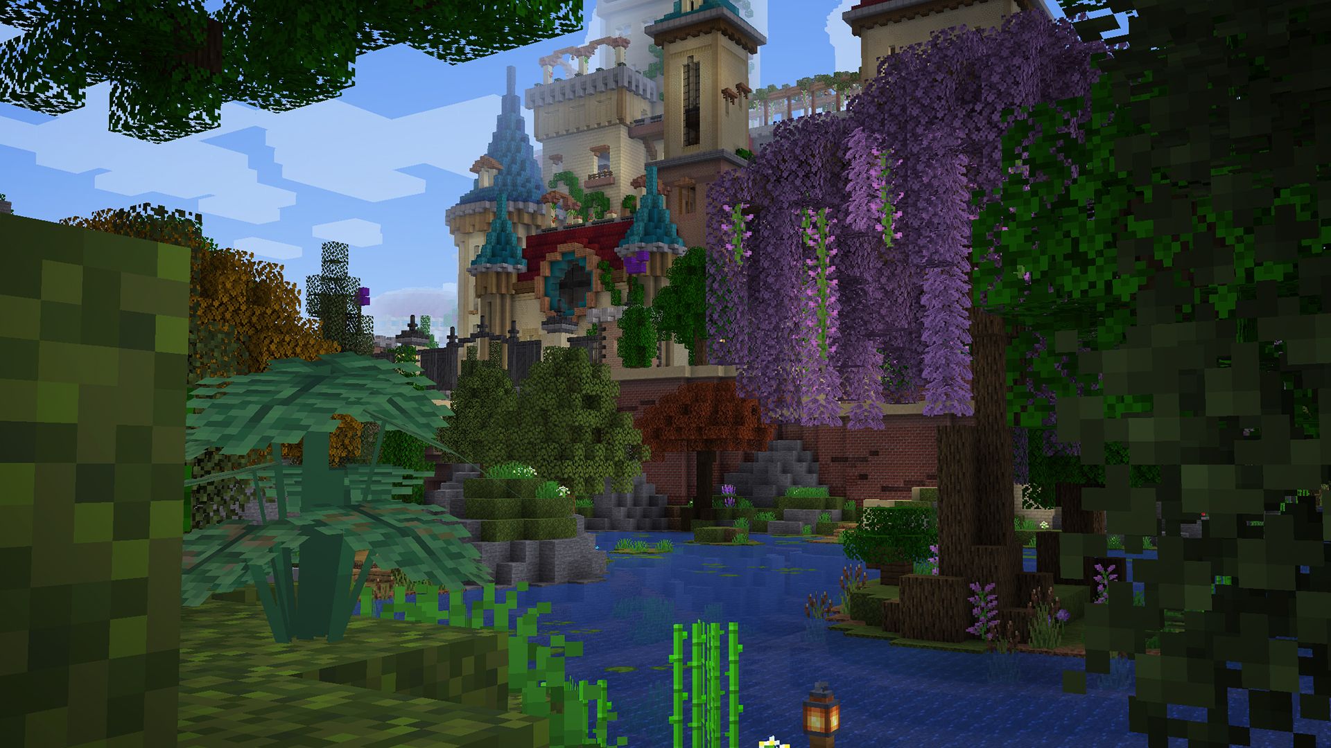 A Minecraft screenshot. A break in green foliage reveals a large ornate castle.