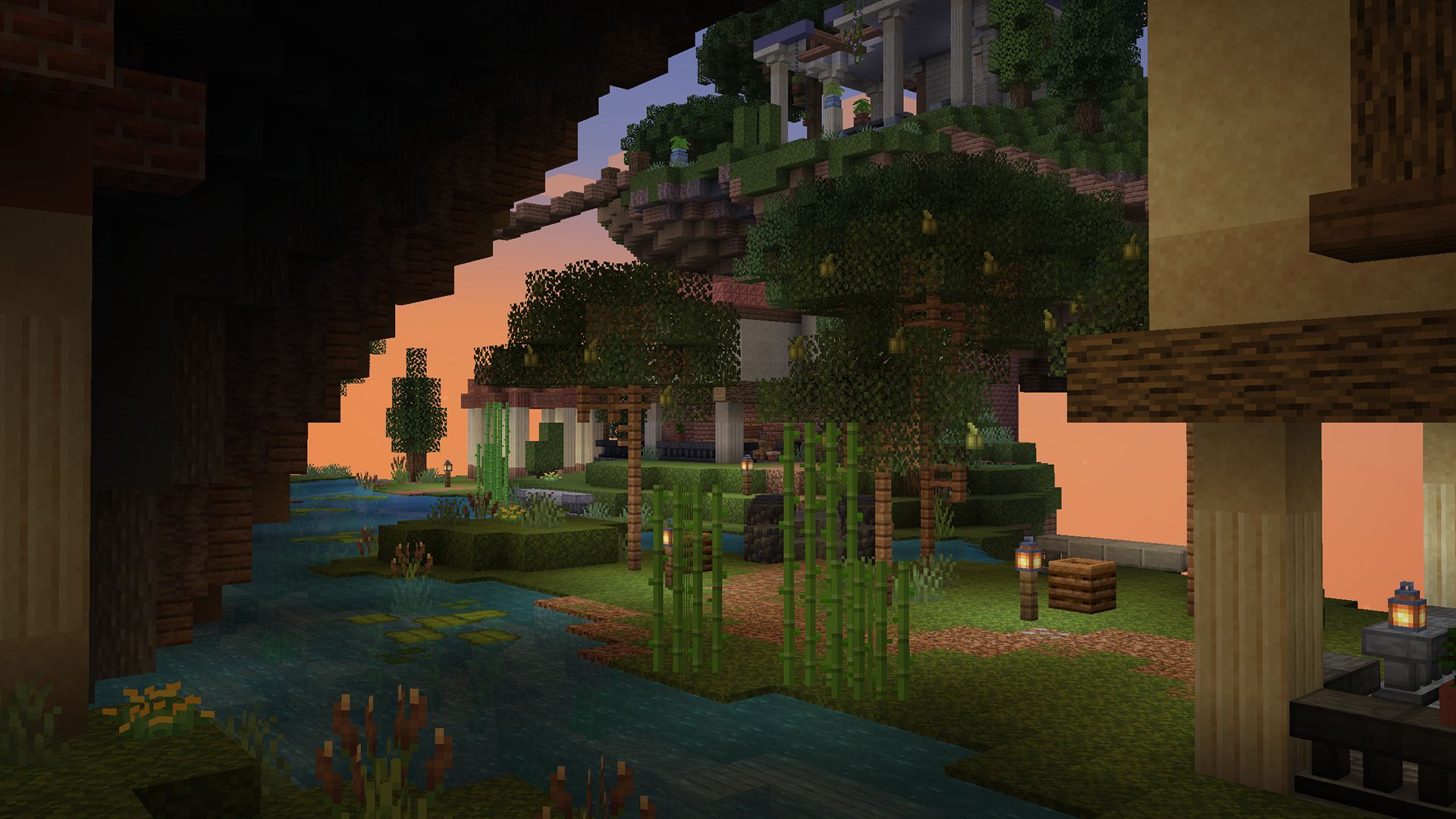 A Minecraft screenshot of a themed world. A river in the foreground leads way to roman architecture in the background.