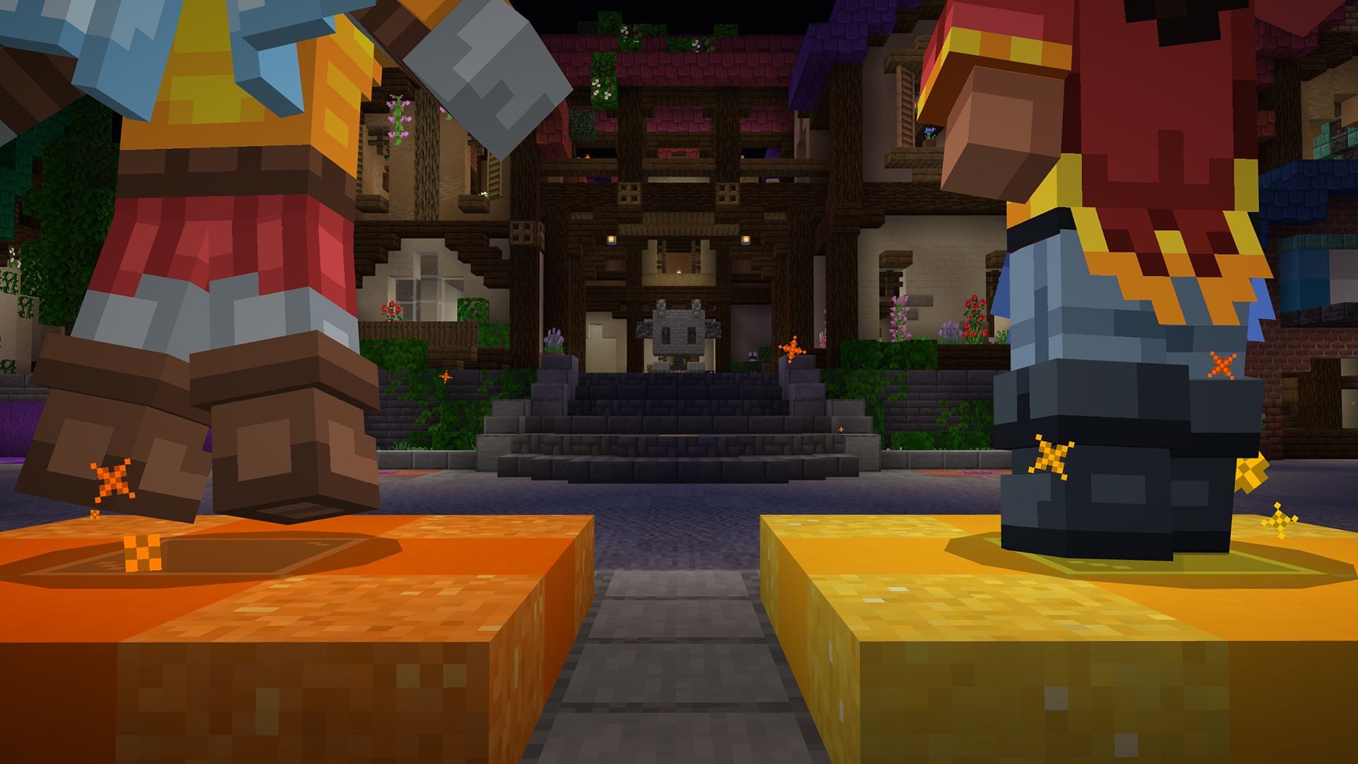 A Minecraft build picture. Two NPCs in the foreground lead way to a bee-themed statue.
